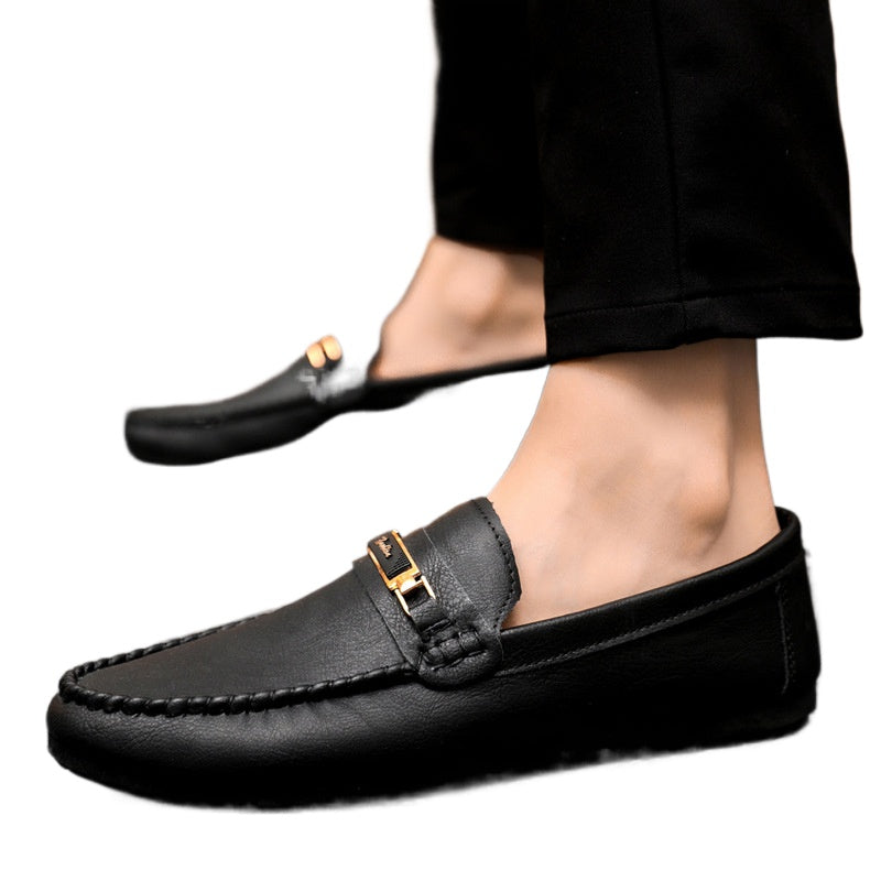 Leather shoes waterproof casual one-pedal loafers handmade business low-top black British men's shoes flat platform single shoes