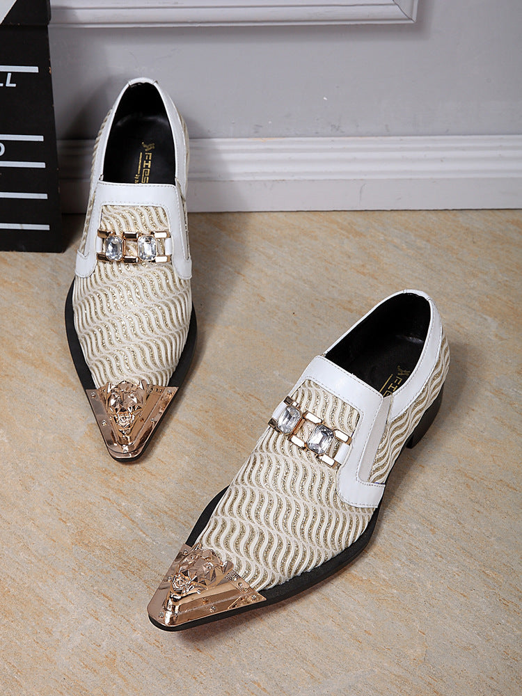 Men's White Leather Dress Shoes, Pointed Toe, Rhinestone Detail