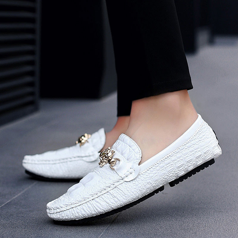 Men's Loafers, Patent Leather, Soft Sole, Crocodile Pattern, Sizes 47 & 48, Casual Leather Shoes, Korean Style, Silver, Summer, Men's Slip-on Shoes (White)