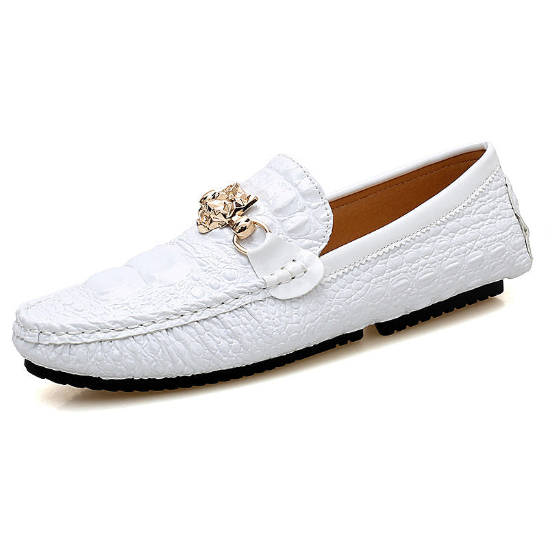 Men's Loafers, Patent Leather, Soft Sole, Crocodile Pattern, Sizes 47 & 48, Casual Leather Shoes, Korean Style, Silver, Summer, Men's Slip-on Shoes (White)