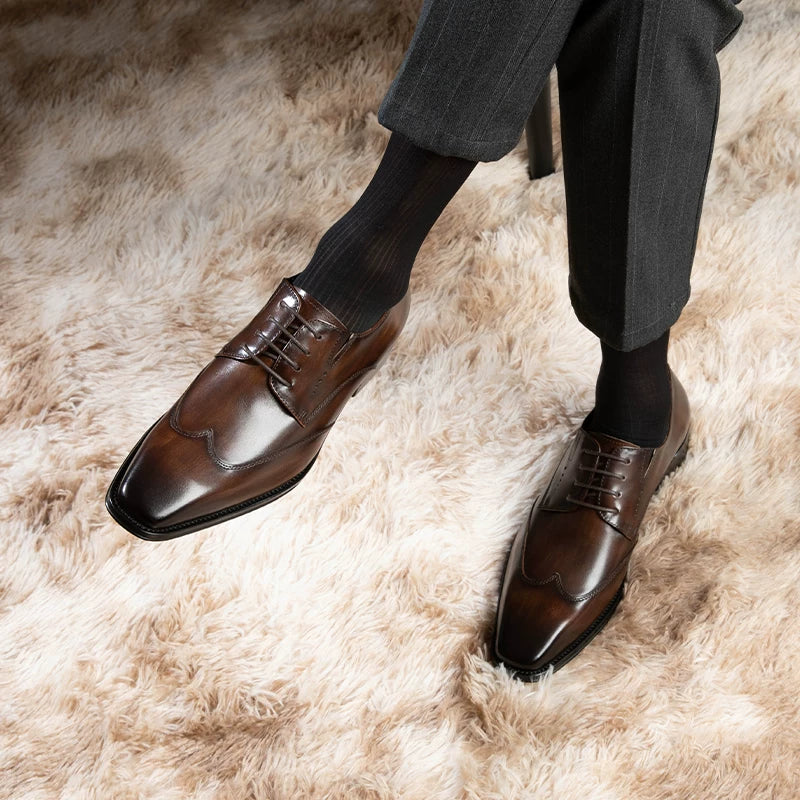 Men's Genuine Leather Derby Shoes, Square Toe, British Style