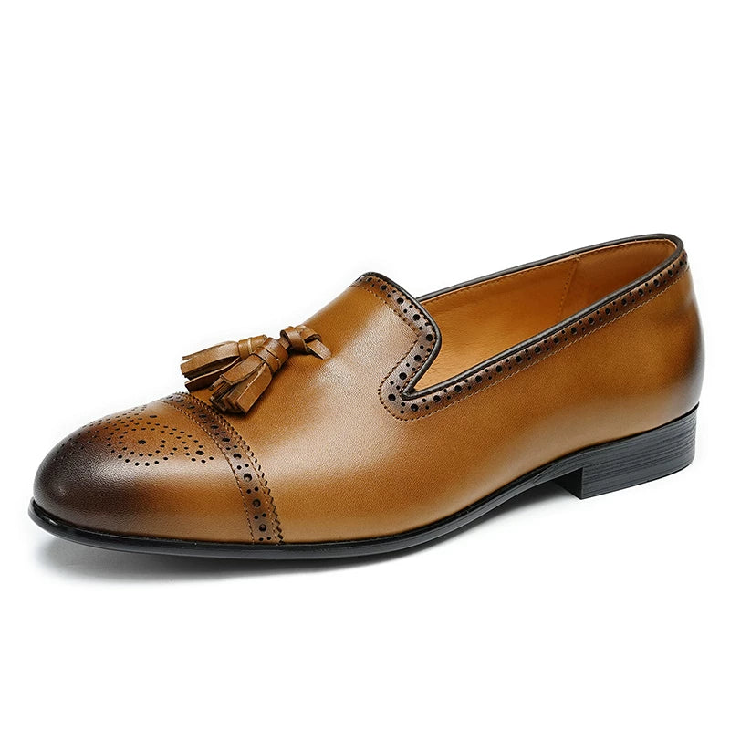 Men's Genuine Leather Loafers, Slip-On, Brogue