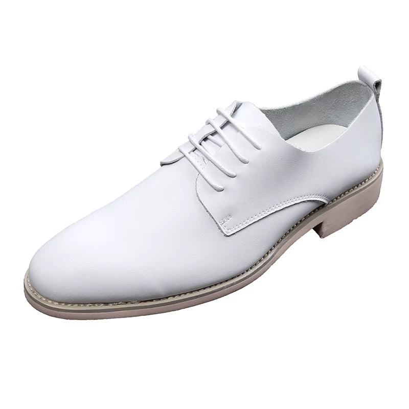 Men's White Genuine Leather Wedding Shoes, Height Increasing, Soft Sole
