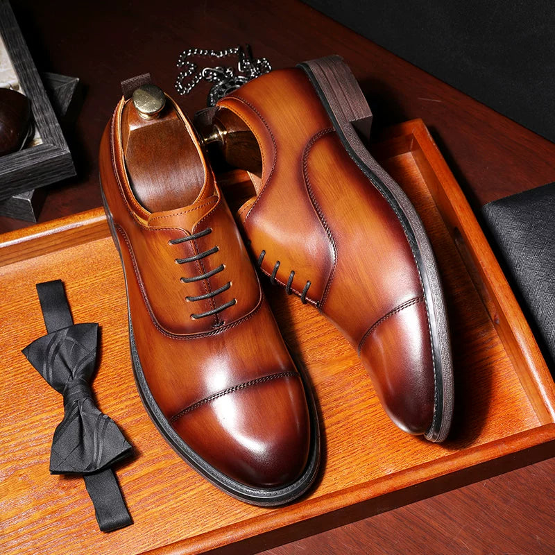 Men's Brown Genuine Leather Oxford Shoes, Handmade, Business