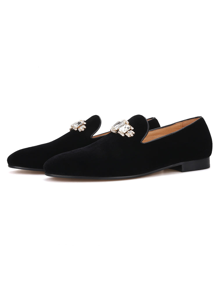 European and American British style handmade men's velvet loafers with luxury diamond horizontal buckles of the same style as Italian famous brands