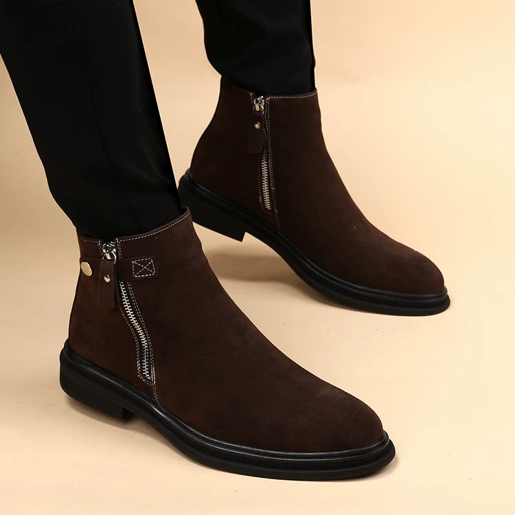 Men's Brown Genuine Leather Martin Boots, Height Increasing, Pointed Toe