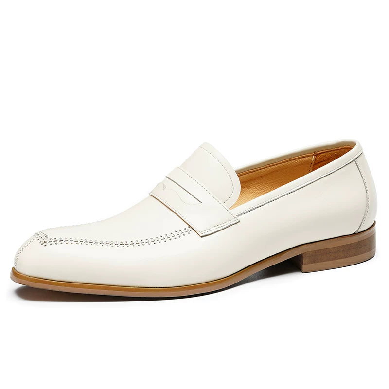 Men's White Genuine Leather Loafers, Slip-On, Business