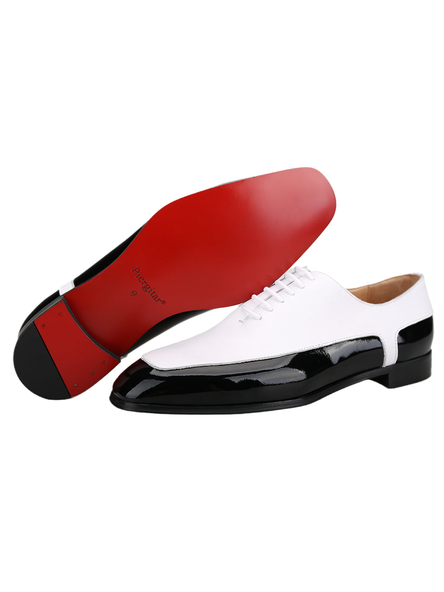 First layer cowhide spliced patent leather British style men's handmade Oxford shoes small square toe red sole wedding banquet formal leather shoes for men
