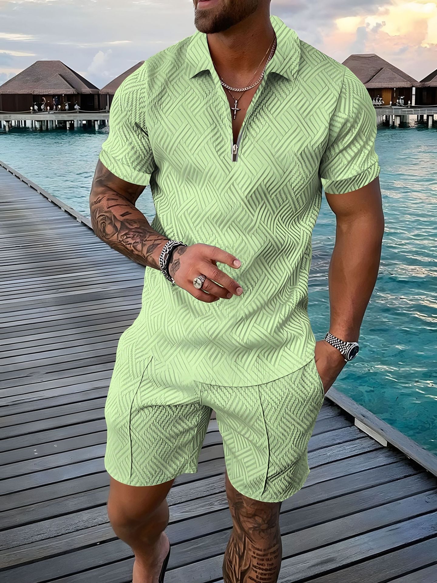 2024 European and American cross-border new men 3 solid color POLO shirt suit lapel short sleeve pullover casual men
