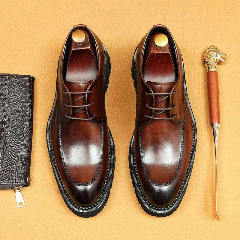 Men's Genuine Leather Derby Shoes, Thick Sole, Pointed Toe