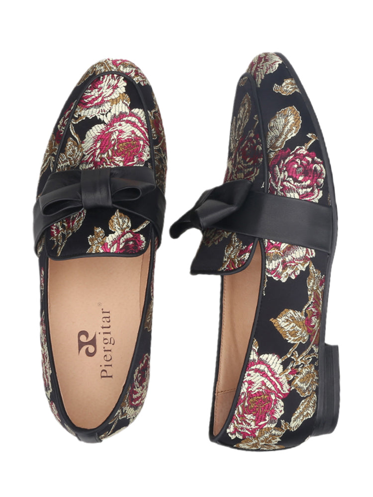 Chinese style floral print silk men's slip-on loafers are exported to Europe and the United States genuine leather bow smoking shoes for men
