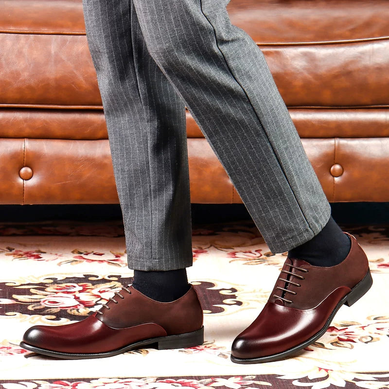 Men's Red Genuine Leather Oxford Shoes, Pointed Toe, British Style
