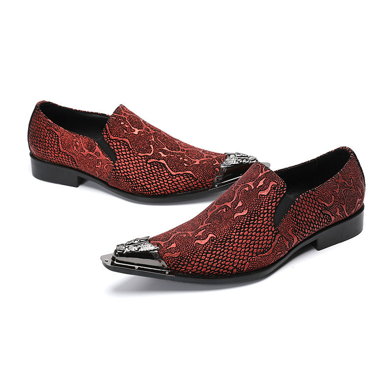 Men's Red Shoes – Pointed Toe, Crocodile Pattern – Style 69