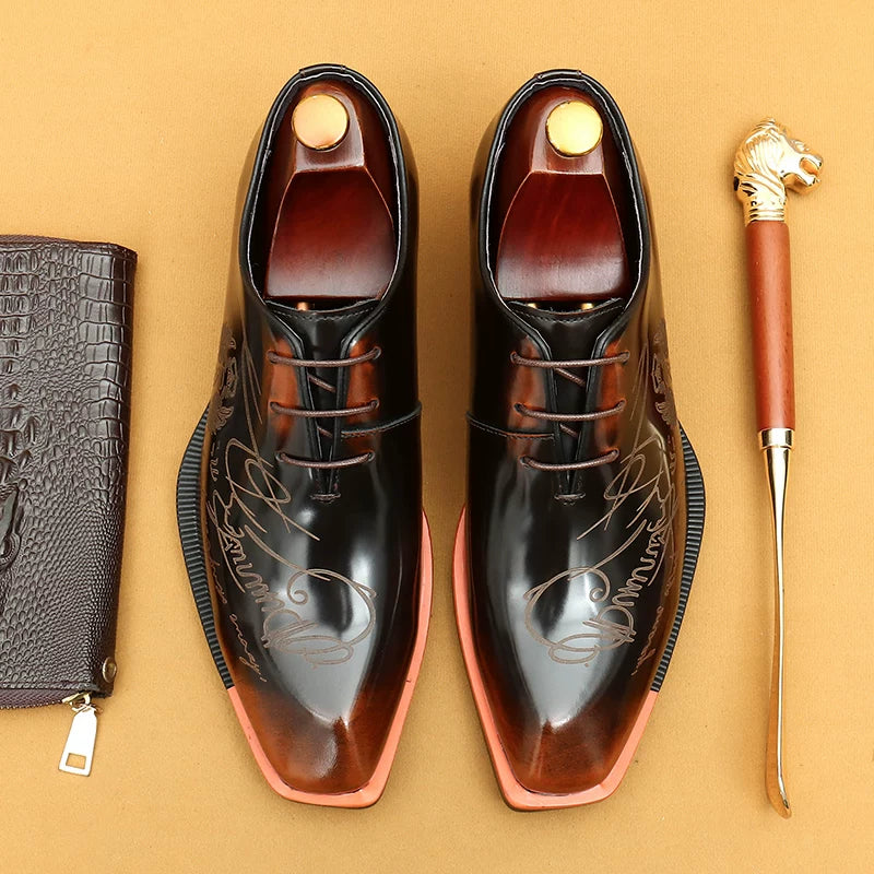 Men's Genuine Leather Leather Shoes, Square Toe, Glossy
