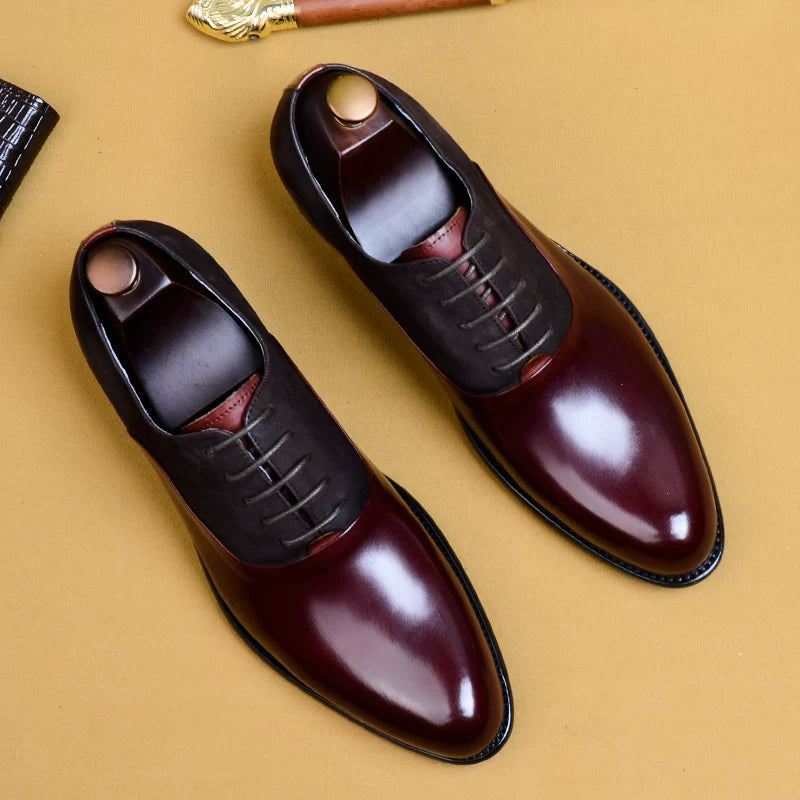 Men's Red Genuine Leather Oxford Shoes, Pointed Toe, British Style