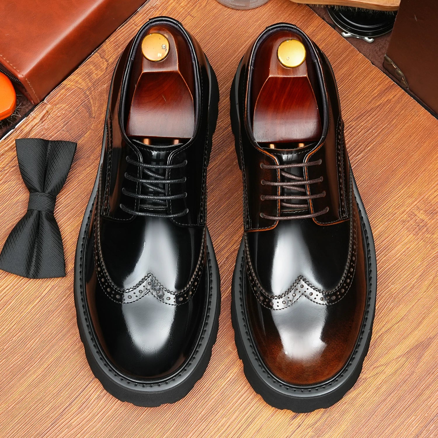 Men's Patent Leather Derby Shoes, Height Increasing, Thick Sole