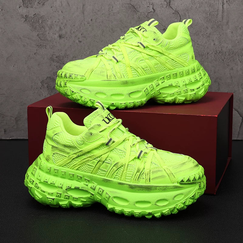 Men's Green Chunky Sneakers, Height Increasing, Thick Sole