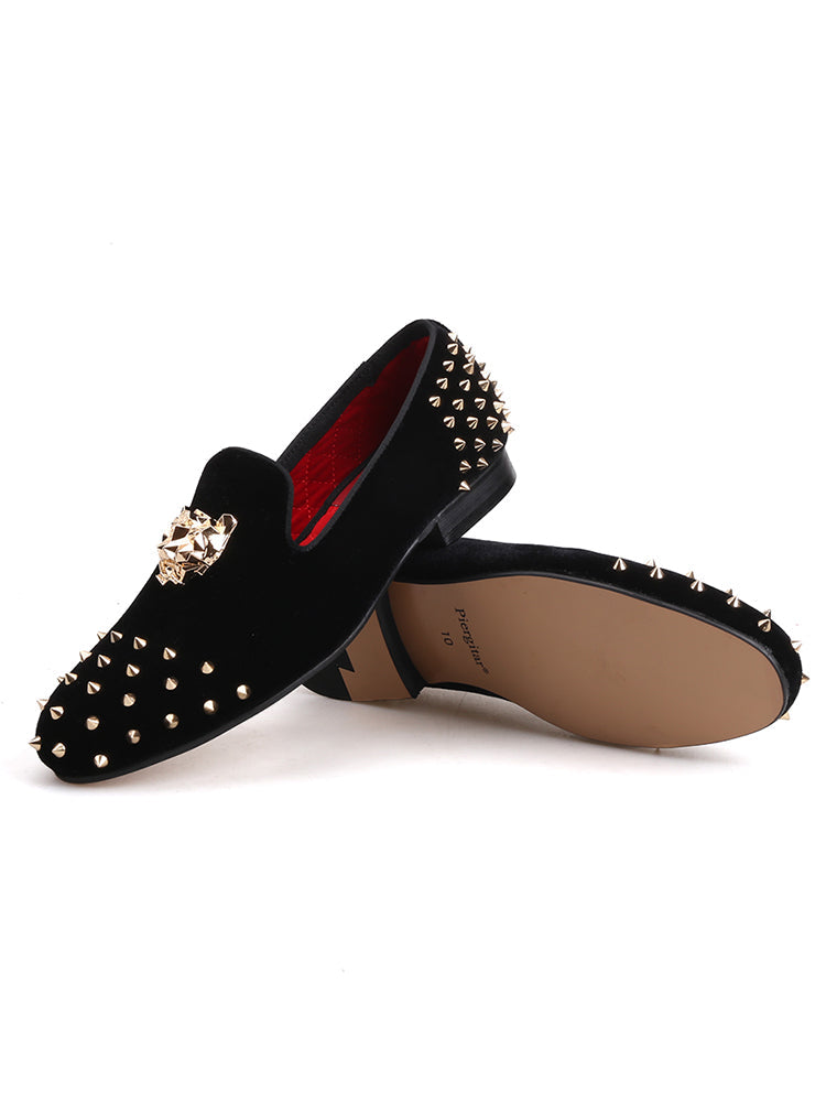 New European and American big-name PP tiger head buckle men's loafers handmade front and rear rivets velvet slip-on shoes
