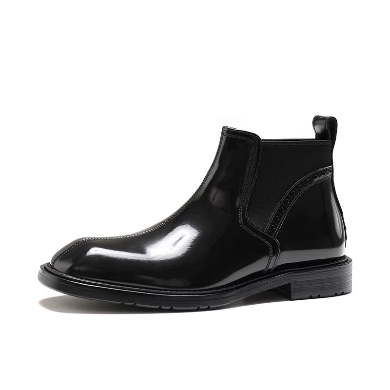 Men's Genuine Leather Chelsea Boots, Square Toe, Glossy