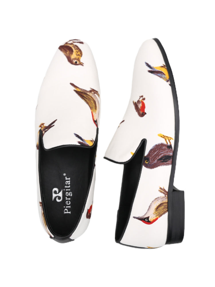 European and American big-name style white bird print silk handmade loafers men's trendy party banquet slip-on trendy shoes