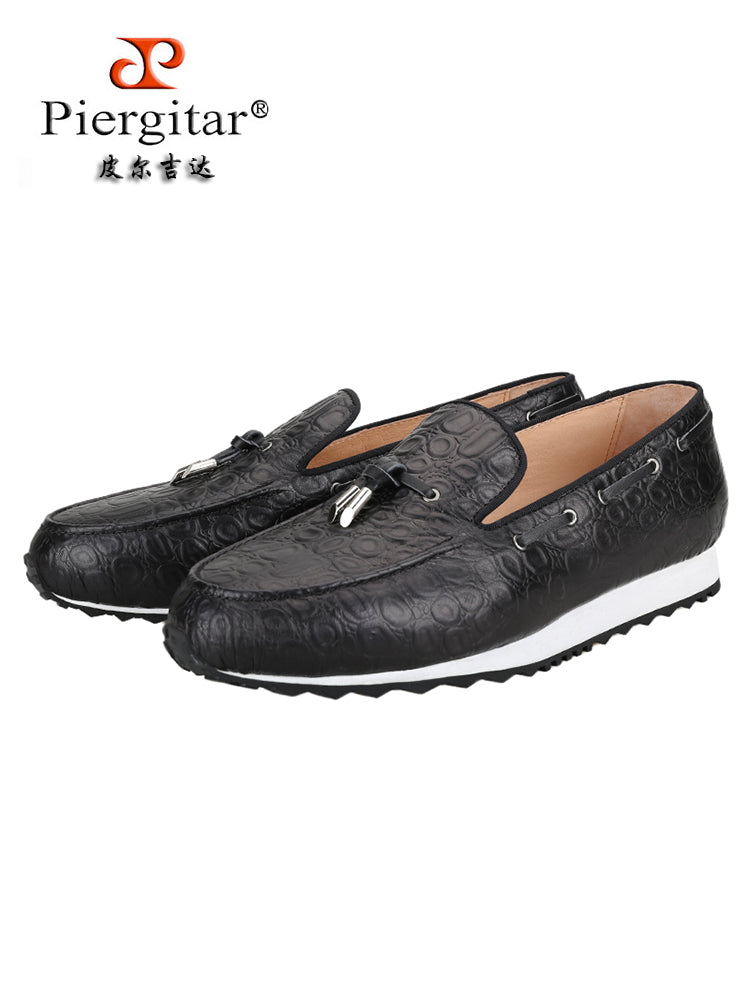 European and American style black stone texture embossed cowhide men's casual sports shoes black and white outsole tassel style slip-on shoes
