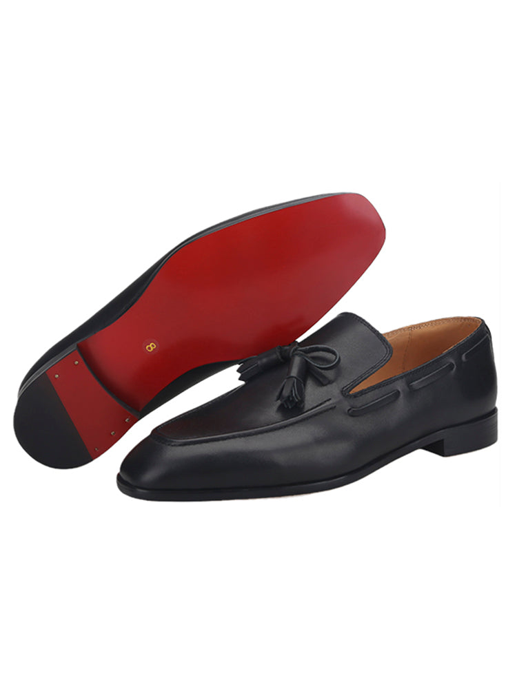 New first-layer cowhide men's slip-on casual leather shoes British style square toe red bottom tassel loafers