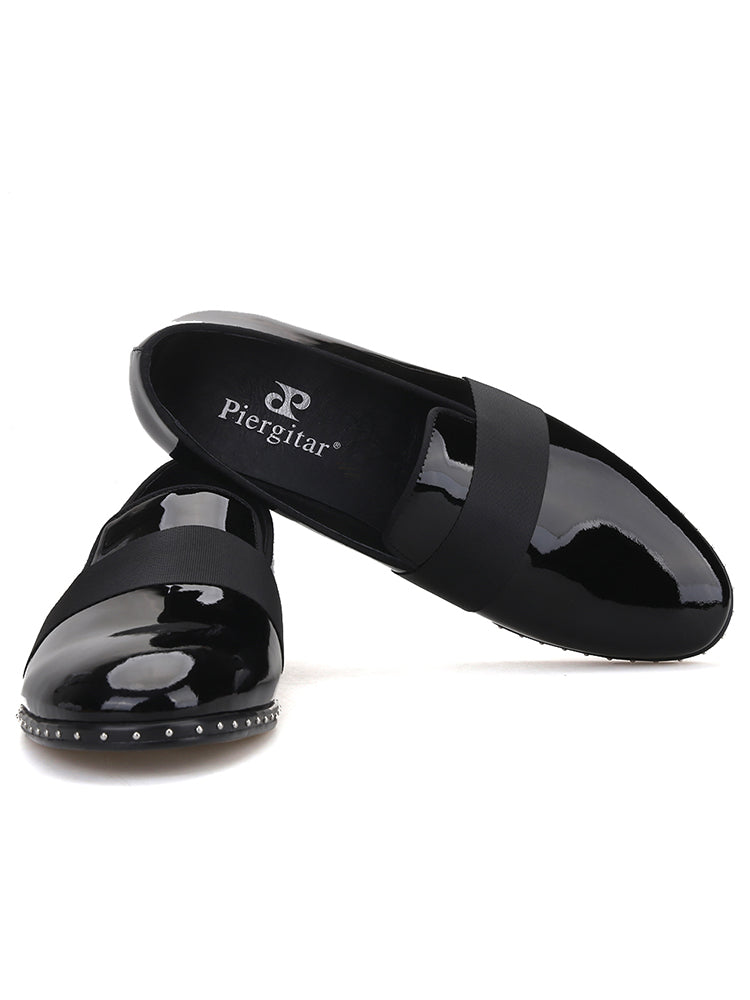 New British luxury brand black patent leather horizontal strap men's loafers trendy European and American low-top shoes banquet shoes