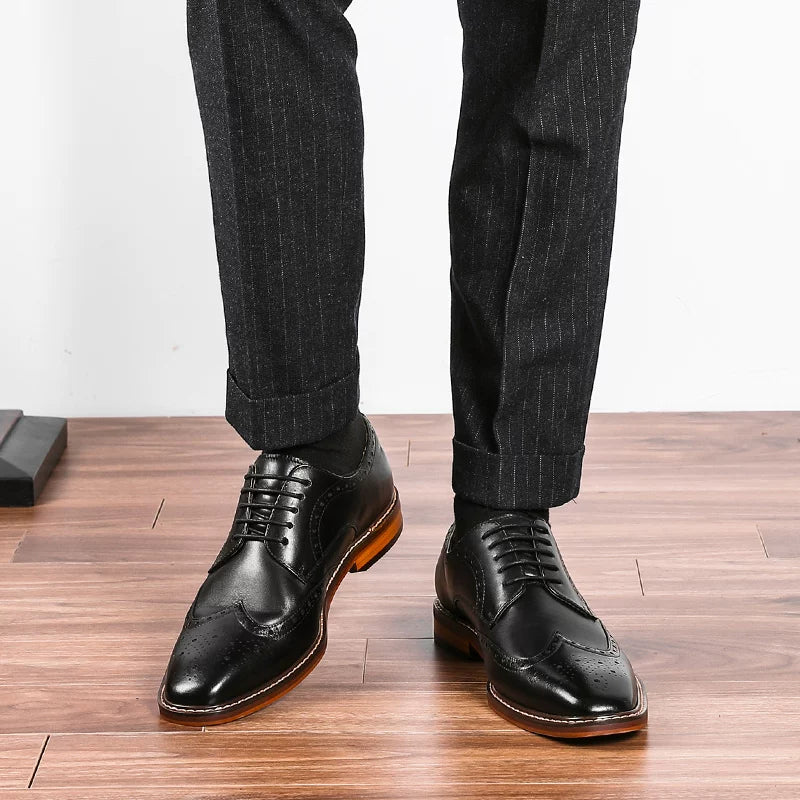 Men's Brown Genuine Leather Wedding Shoes, Height Increasing, British Style