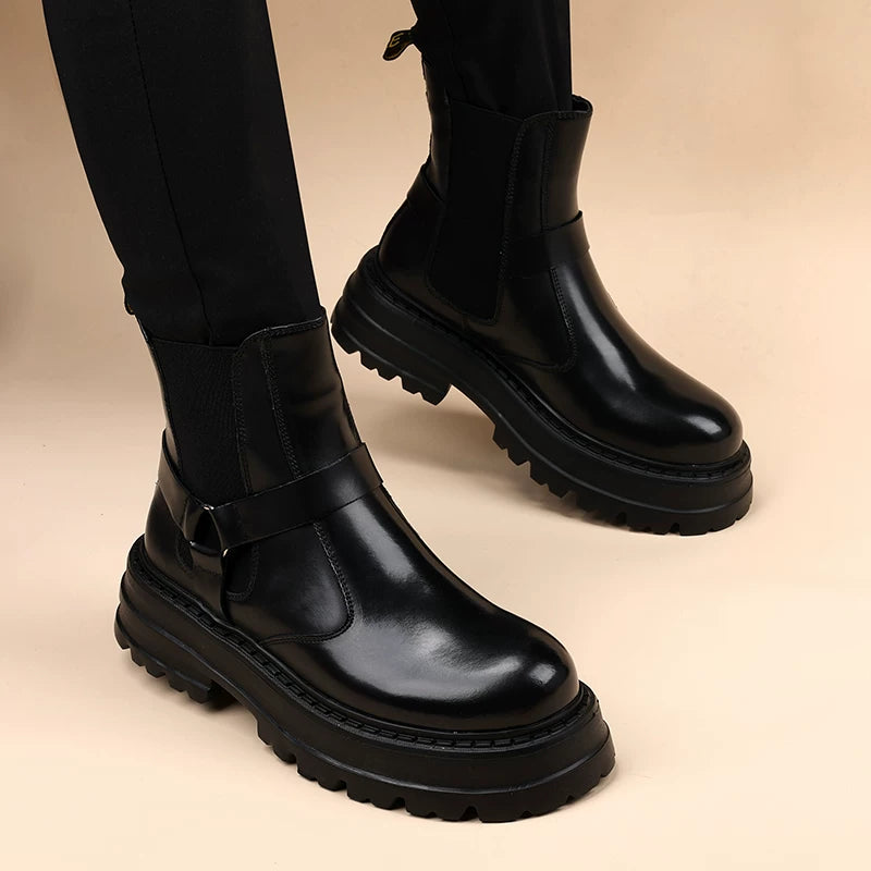 Men's Genuine Leather Martin Boots, Height Increasing, Thick Sole