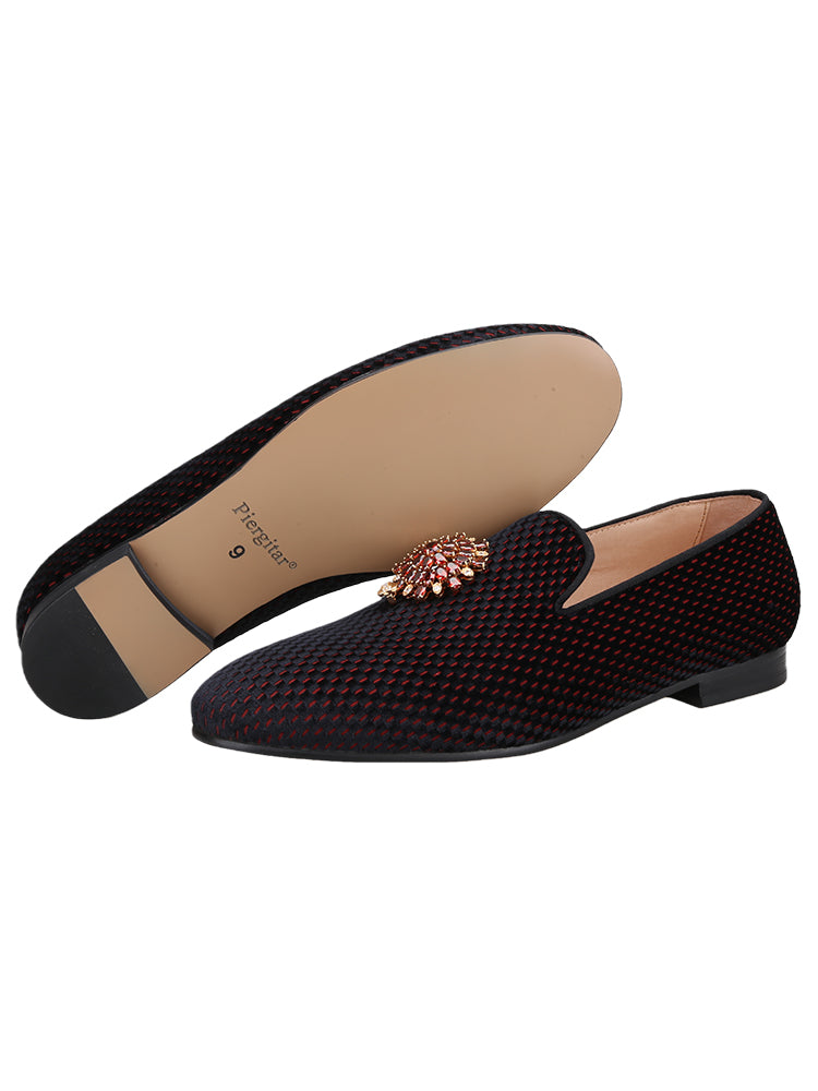 New imported red and black velvet men's smoking shoes exported to Europe and the United States rhinestone metal buckle formal loafers