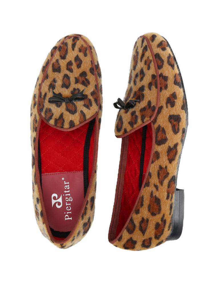 New European and American export wild leopard pattern men's loafers handmade genuine leather small bow tie slip-on shoes for men