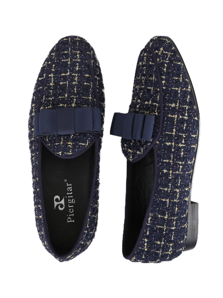 European and American big-name style dark blue knitted fabric men's trendy shoes bow design slip-on loafers smoking shoes large size