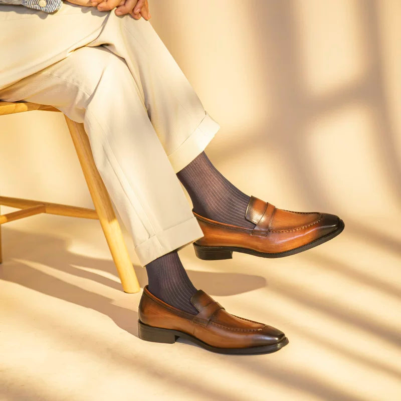 Men's Brown Genuine Leather Loafers, Breathable, Square Toe