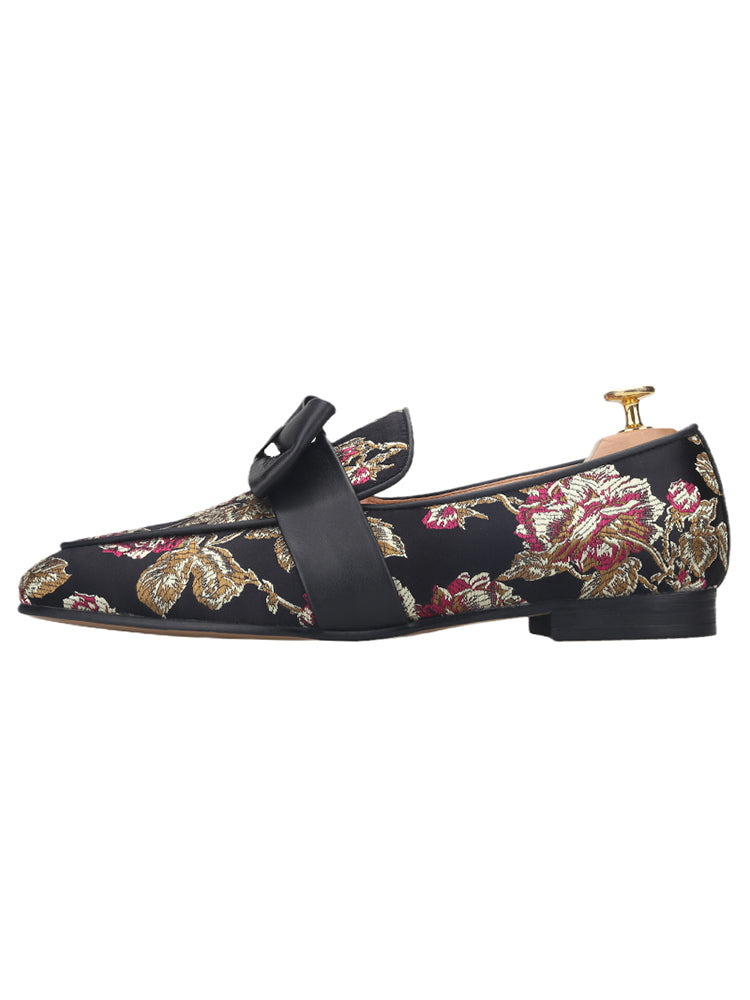 Chinese style floral print silk men's slip-on loafers are exported to Europe and the United States genuine leather bow smoking shoes for men