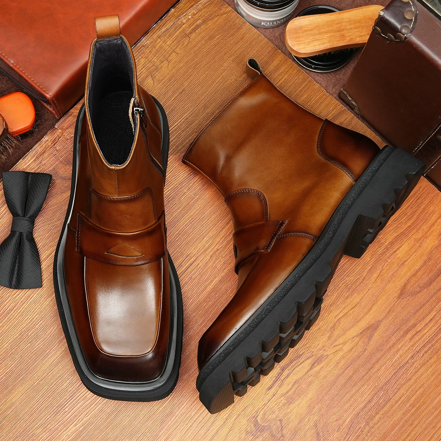 Men's Genuine Leather Martin Boots, Square Toe, Vintage