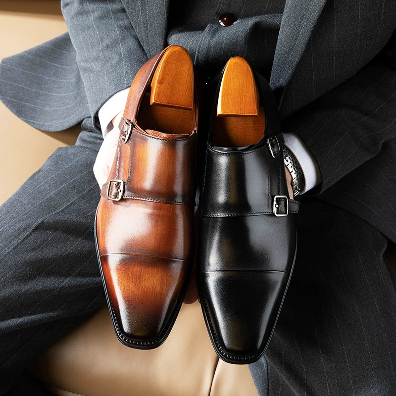Men's Brown Genuine Leather Leather Shoes, Square Toe, British Style