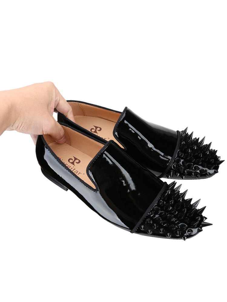 New black patent leather handmade long and short rivet head men's slip-on loafers European and American trendy nightclub style rivet shoes