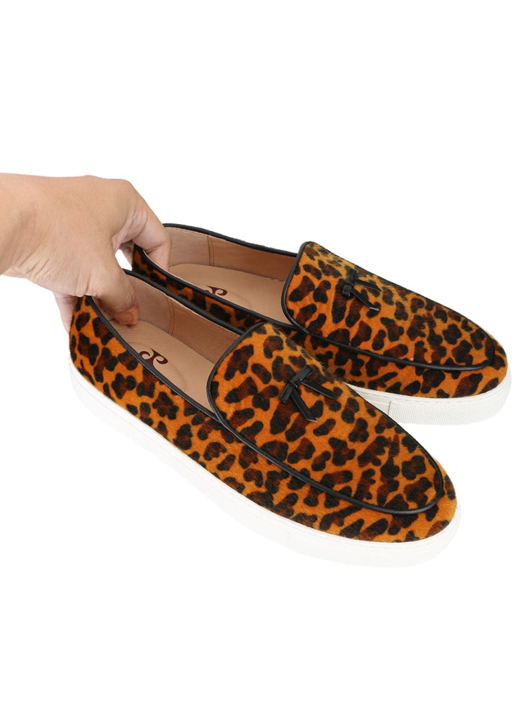 European and American wild style leopard print flocking men's slip-on casual sneakers genuine leather small bow tie white thick-soled sneakers