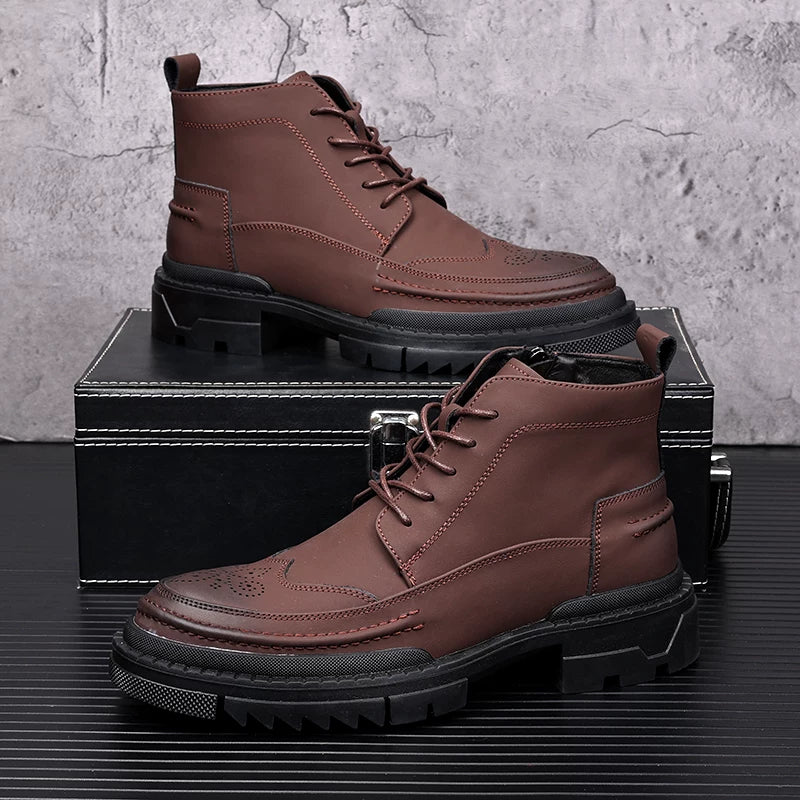 Men's Genuine Leather Martin Boots, Height Increasing, Thick Sole