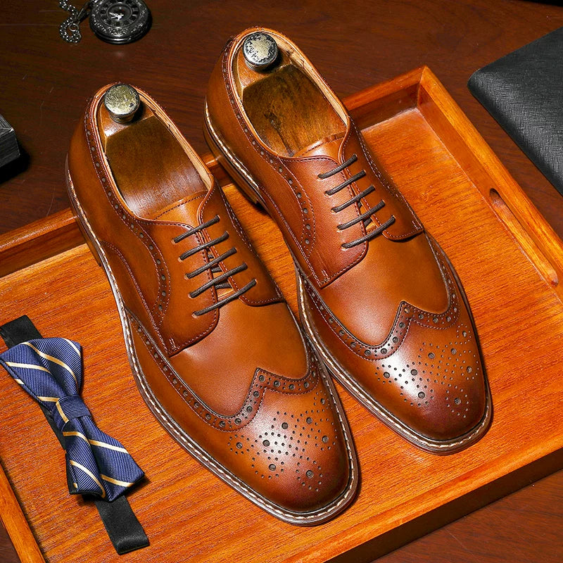 Men's Brown Genuine Leather Wedding Shoes, Height Increasing, British Style