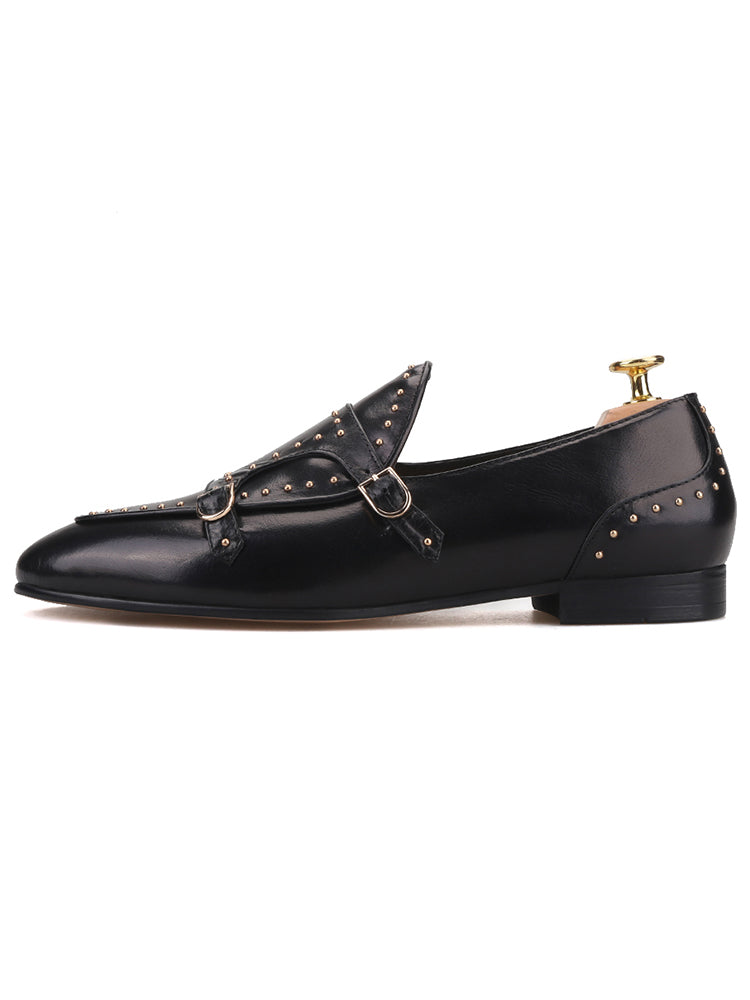 New imported cowhide men's wedding loafers with buckles, small metal rivets, European and American slip-on formal shoes