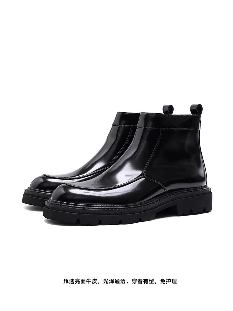 Men's Genuine Leather Martin Boots, Thick Sole, Glossy