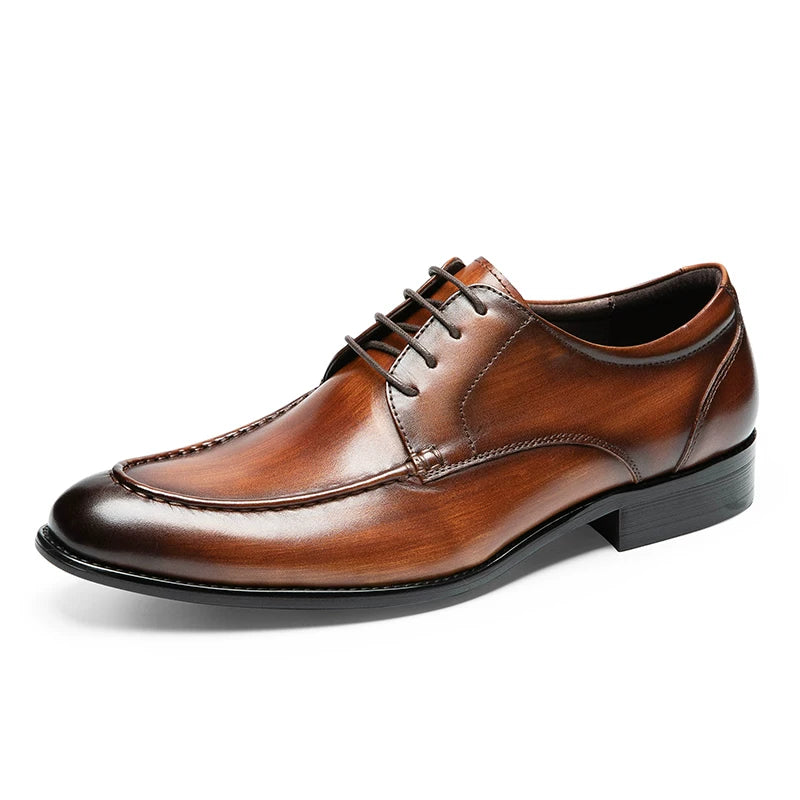 Men's Brown Genuine Leather Derby Shoes, Pointed Toe, British Style