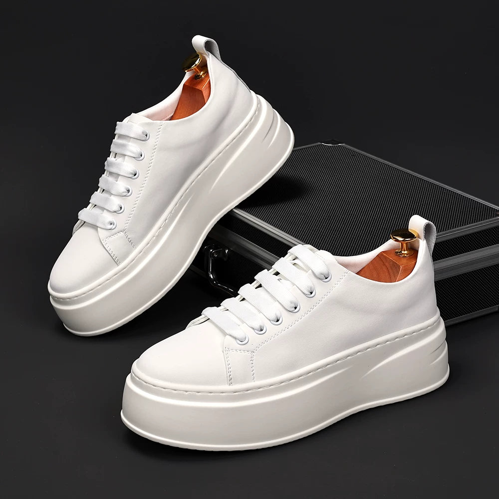 Men's White Skate Shoes, Height Increasing, Thick Sole