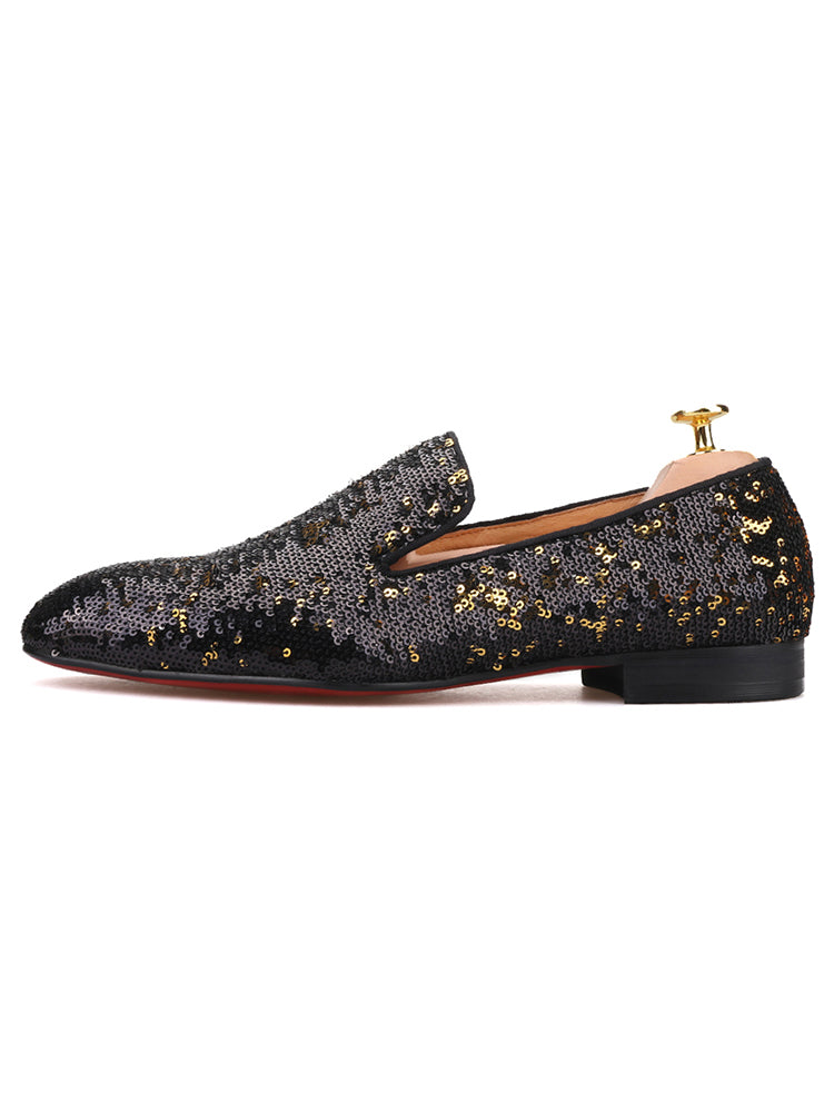 New European and American prom party style luxury two-color beaded men's loafers one-legged red-soled slip-ons