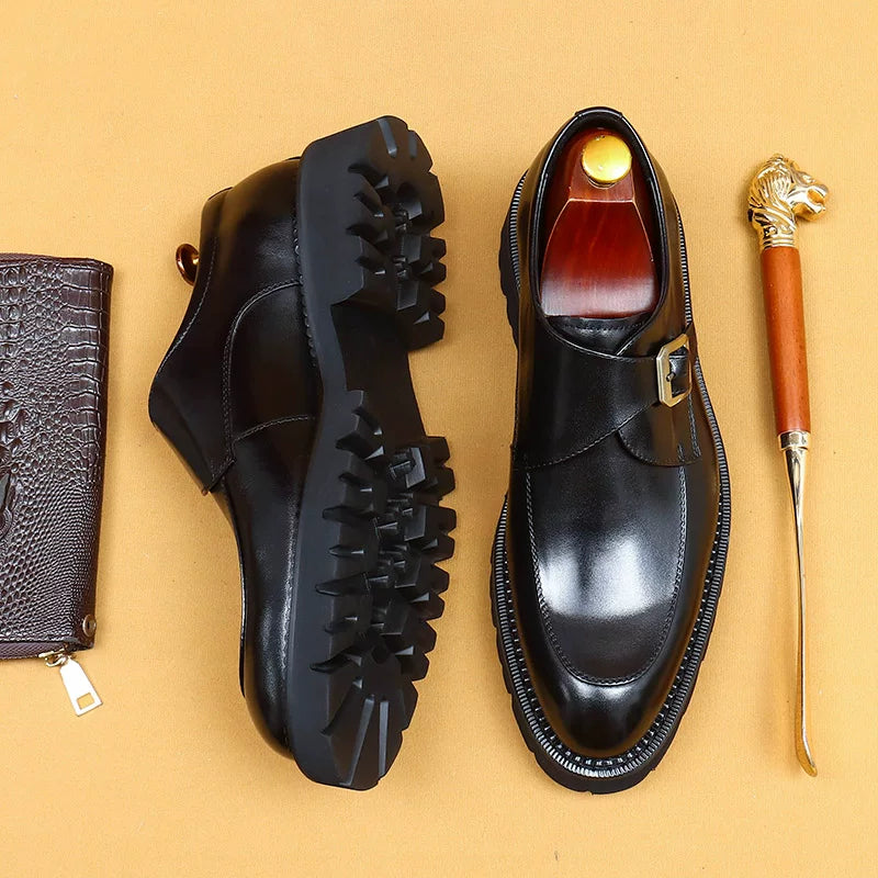 Men's Brown Genuine Leather Wedding Shoes, Thick Sole, Pointed Toe