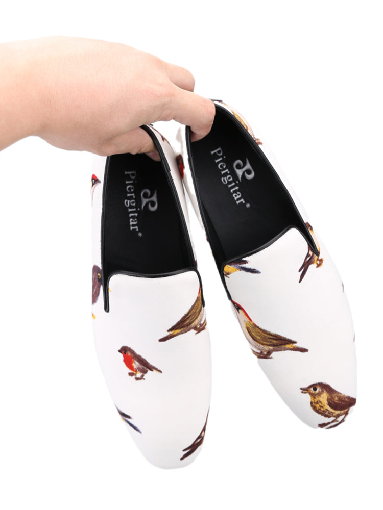 European and American big-name style white bird print silk handmade loafers men's trendy party banquet slip-on trendy shoes