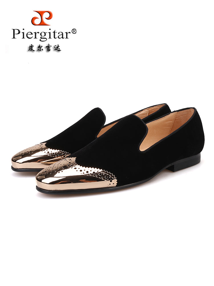 Piergitar black velvet front brogue punched copper buckle men's handmade loafers British smoking shoes