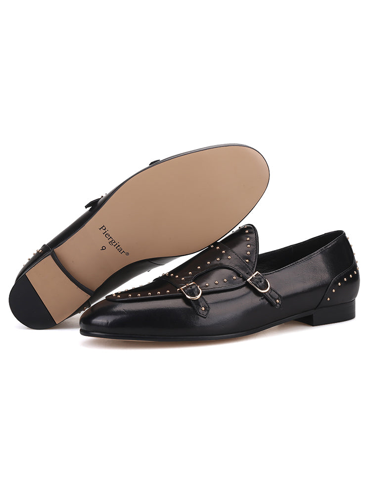 New imported cowhide men's wedding loafers with buckles, small metal rivets, European and American slip-on formal shoes