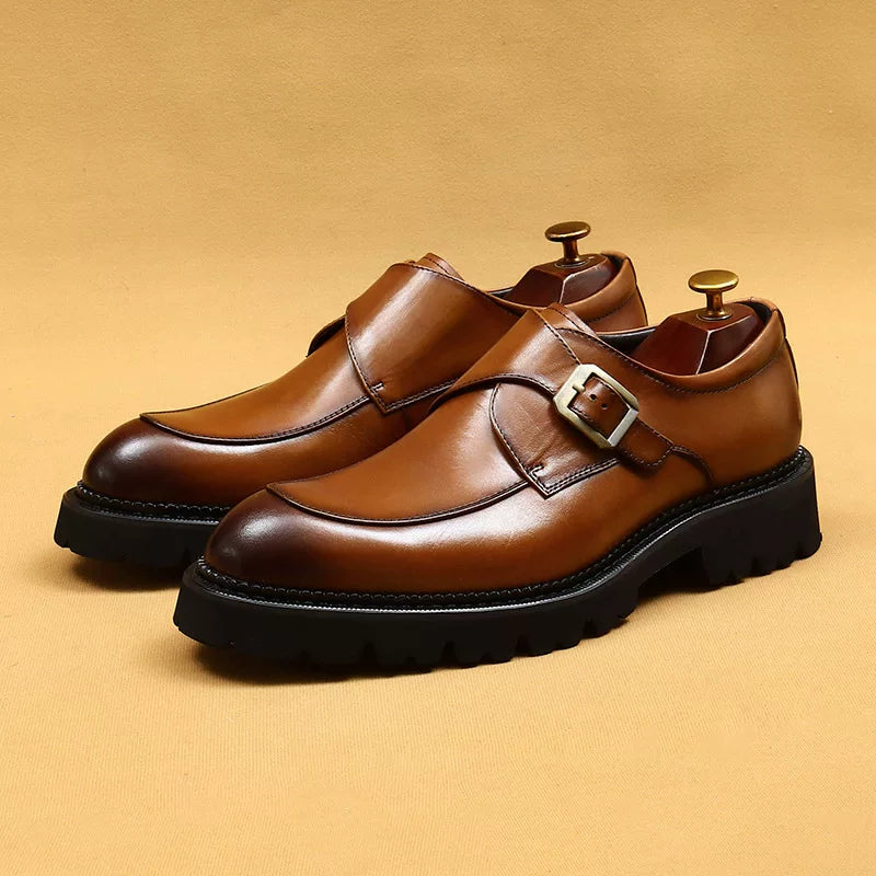 Men's Brown Genuine Leather Wedding Shoes, Thick Sole, Pointed Toe